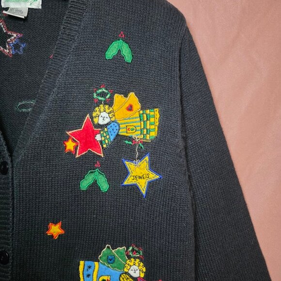 Vtg QUACKER FACTORY Black Cardigan Sweater Holiday Christmas Angels Holly Stars - Picture 3 of 11